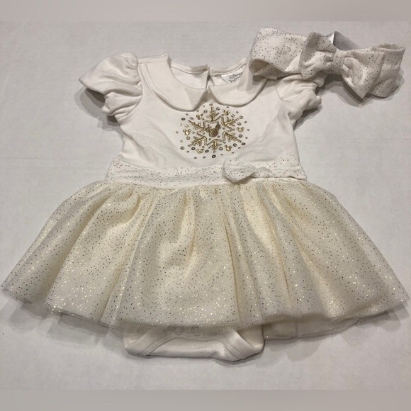 Disney Baby Sz 9-12 Mickey Mouse Holiday White Snowflake Bodysuit Tutu Skirt Bow - Picture 1 of 11